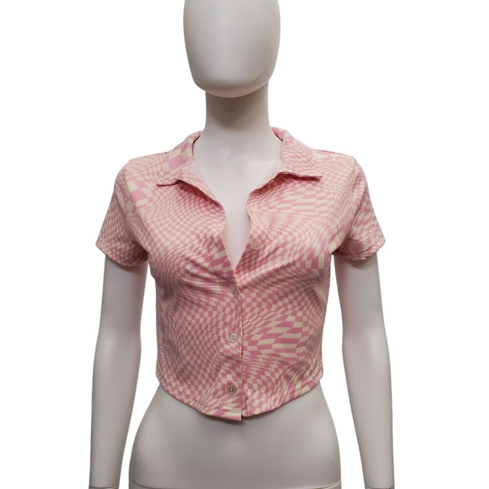 Ardene Trippy Pink Pattern Cropped Button Down Sh… - image 2